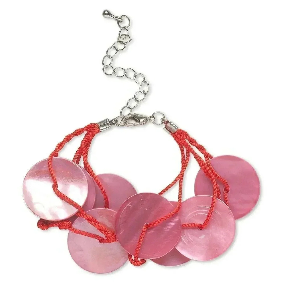 Pink Red and Silver Tone Mussel Shell Disc Adjustable Clasp Bracelet